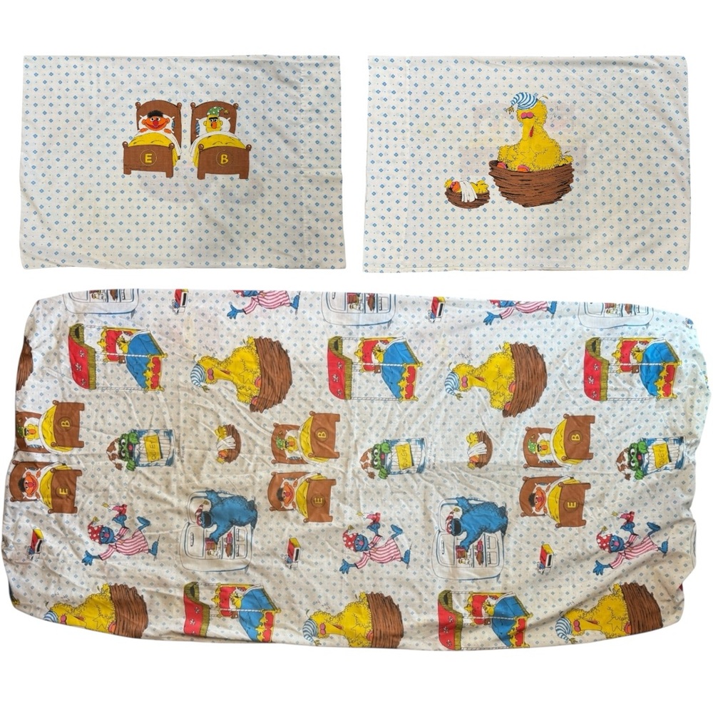 80s Sesame Street Muppets Bed Time Twin Bed Set - Fitted, Flat, 2 Pillowcases